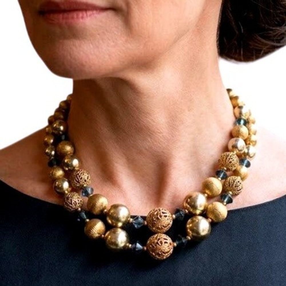 Vintage Double Strand Beaded Necklace Filigree Faux Pearl MCM Statement